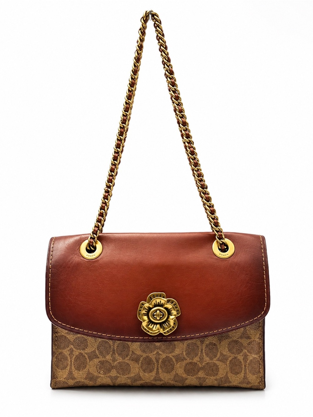 Coach Parker Brown Leather & Signature Canvas Floral-Clasp Chain Crossbody Bag